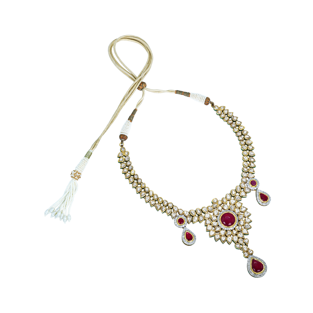 Rhodolite Cabochon Necklace with Polki Diamonds and Teardrops